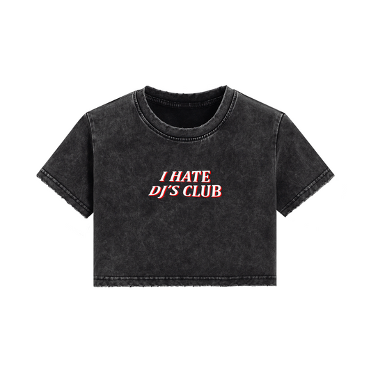 I HATE DJ'S CLUB Backstage Crop Top with Distressed Collar and Hem, Washed Cotton Look